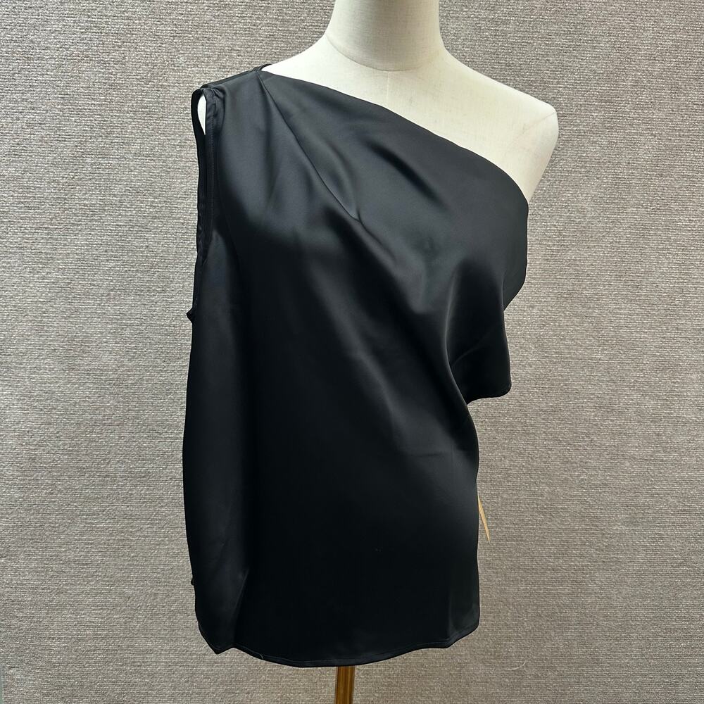 Caara Large Black Draped  One Off Shoulder Relaxed Fit Satin Top Sleek Classic